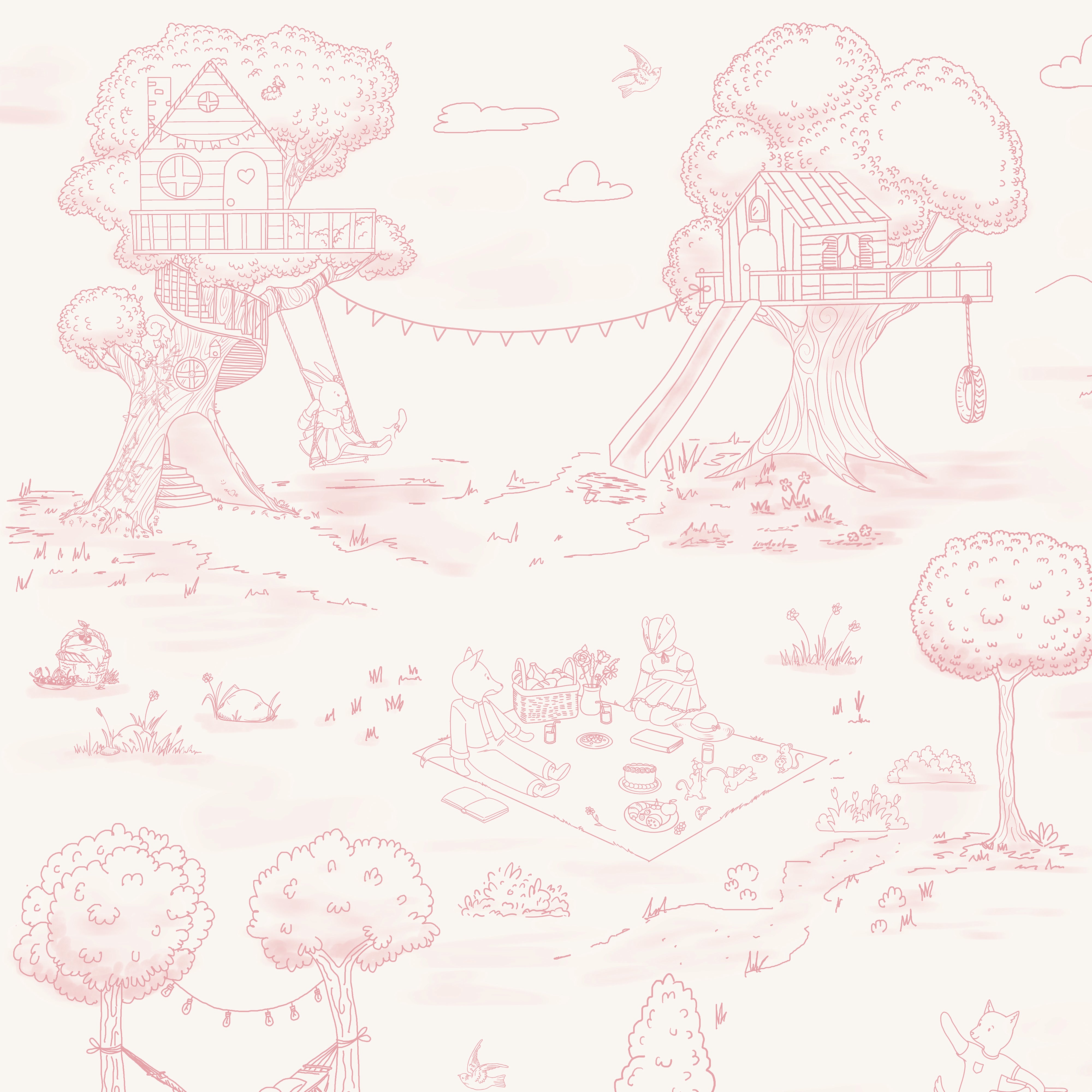 Whimsical Woodland Toile - Pink and Beige